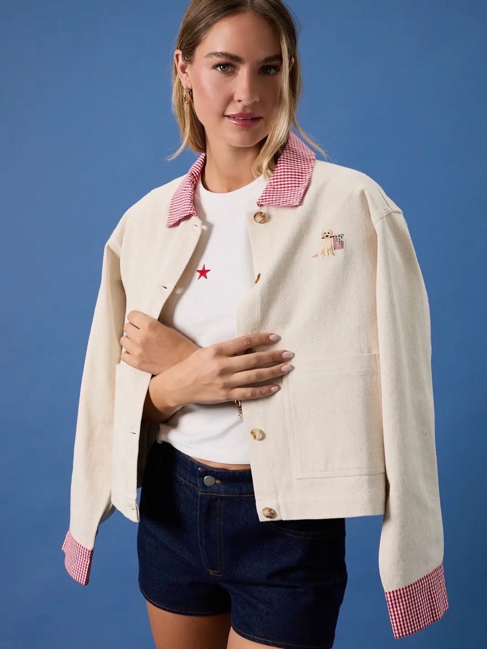 4th of July!  Cream Cropped Jacket with Red Gingham Trim embroidered Dog/🇺🇸